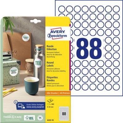 Etikett, univerzális, 20 mm, kör, AVERY ZWECKFORM, 880 etikett/csomag